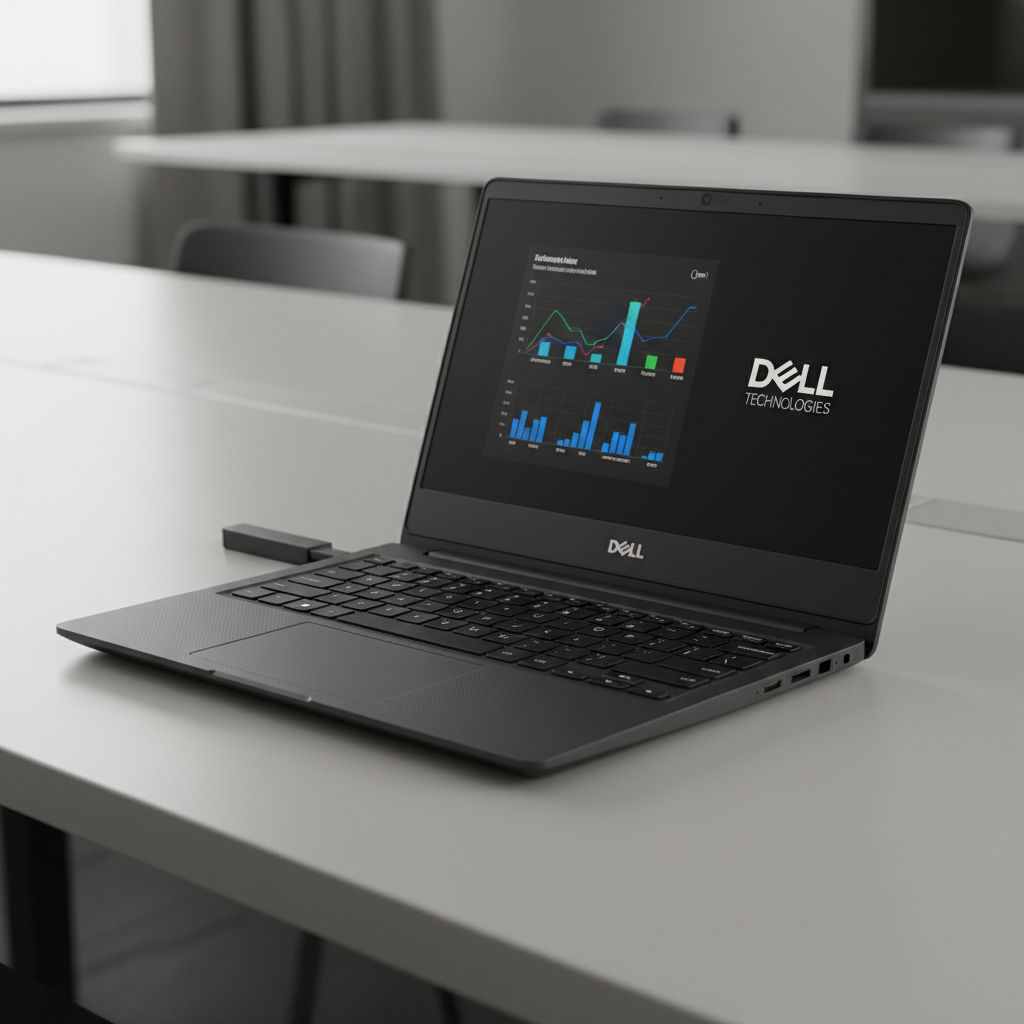 Dell Latitude 5420 business laptop open on office desk, slim professional design