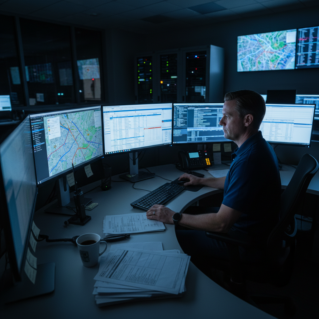 Dispatcher at computer screen showing tomorrows route schedule