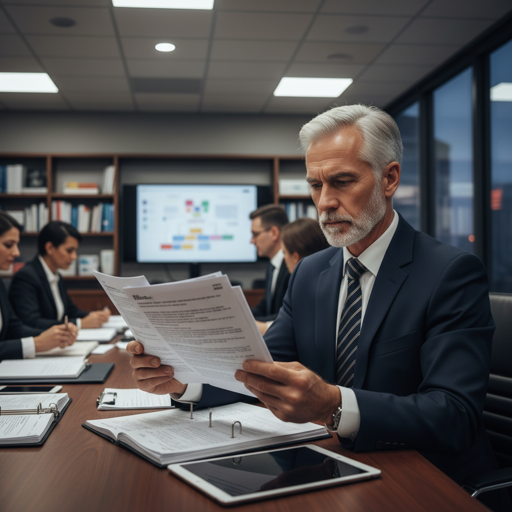 Male senior pharmacist executive in business attire reviewing regulatory documents at a conference table