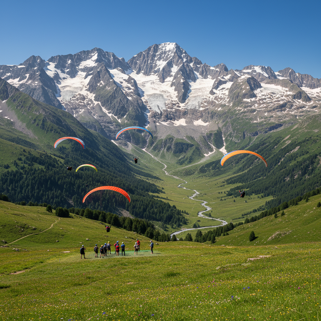 Paraglider soaring over green valley with mountain backdrop