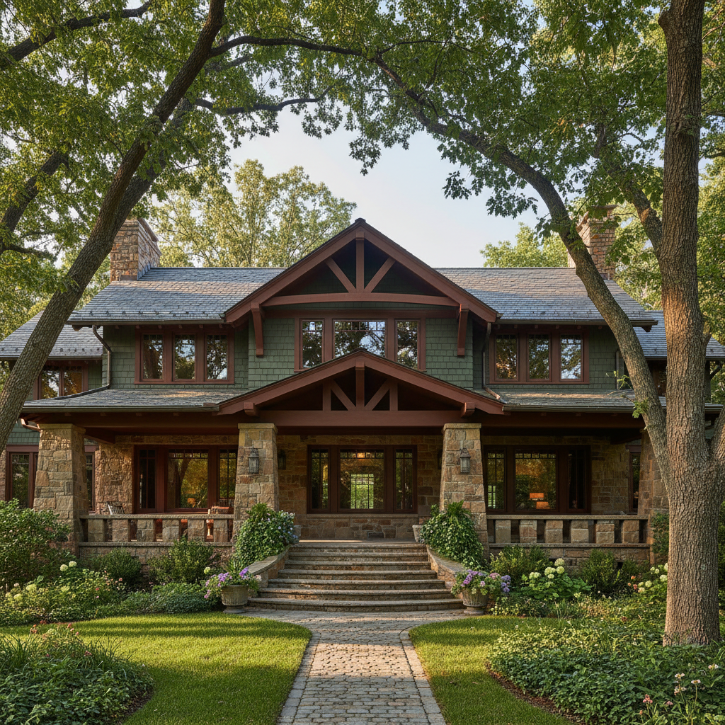 Craftsman style home with covered porch and mature oak trees in Austin Texas