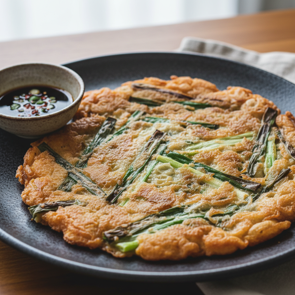 Hands breaking apart a piece of pajeon over a low wooden table crowded with banchan dishes, steam rising from a stone pot of sundubu in the background, natural window light from upper left