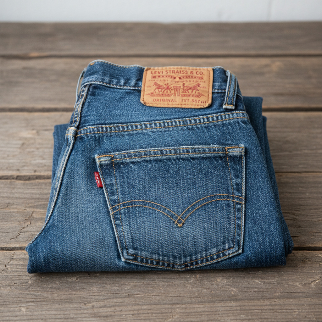 Faded indigo Levi denim jeans folded on light grey surface, natural daylight