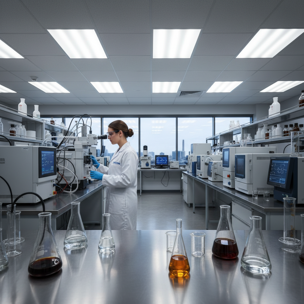 XPCHEM scientist in modern laboratory conducting petroleum and chemical analysis with advanced equipment