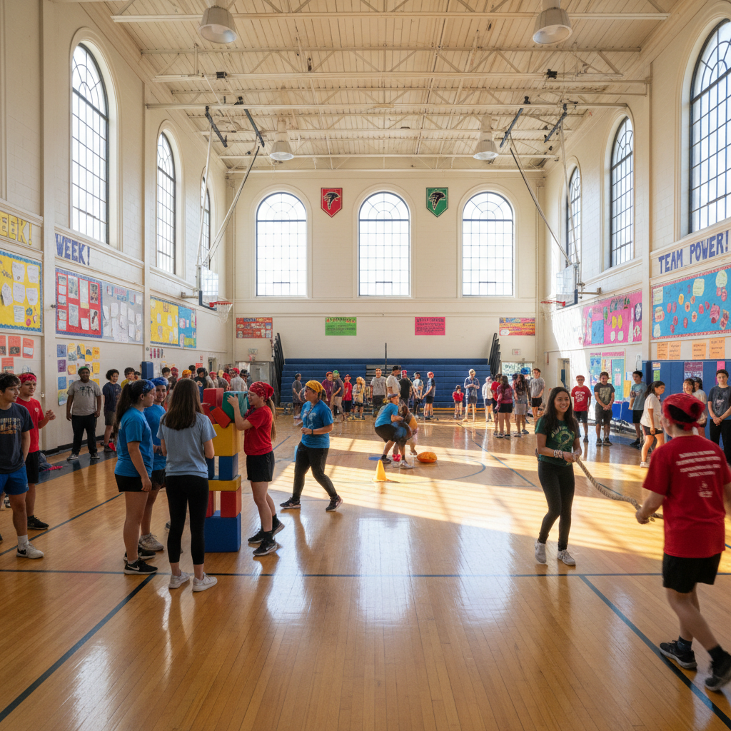 Students gathered in a bright school gymnasium with colorful bulletin boards