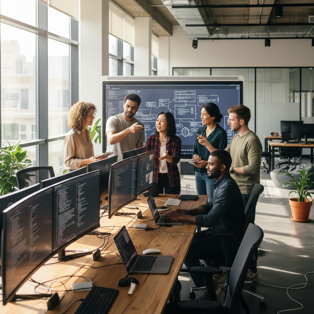 Diverse tech team collaborating around laptop in bright modern office