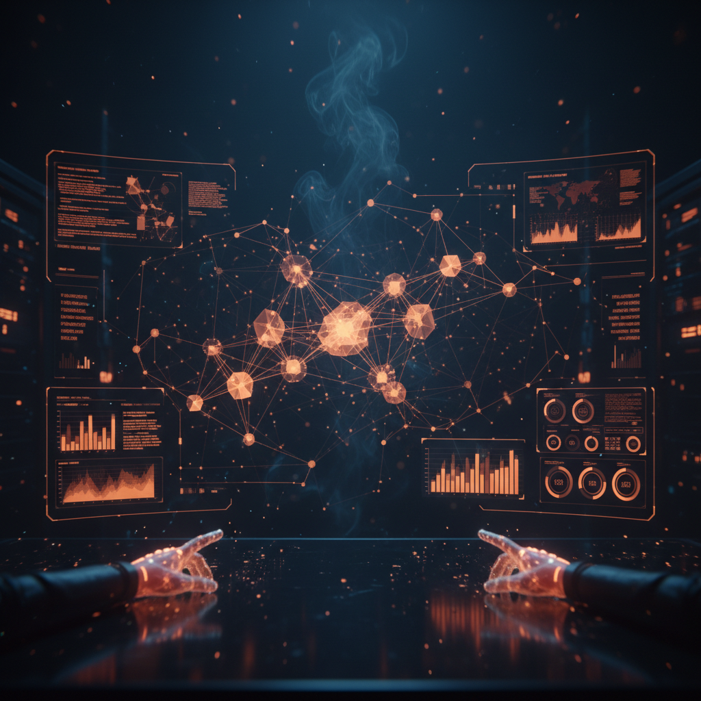 Real-time data visualization dashboard with glowing orange and white charts on a very dark navy background
