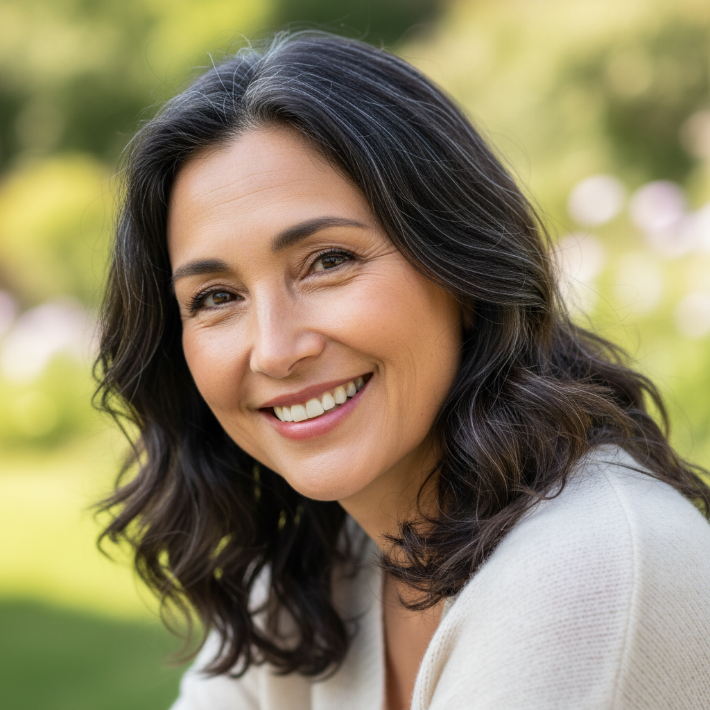 Portrait of Priya N., a woman with dark hair smiling outdoors