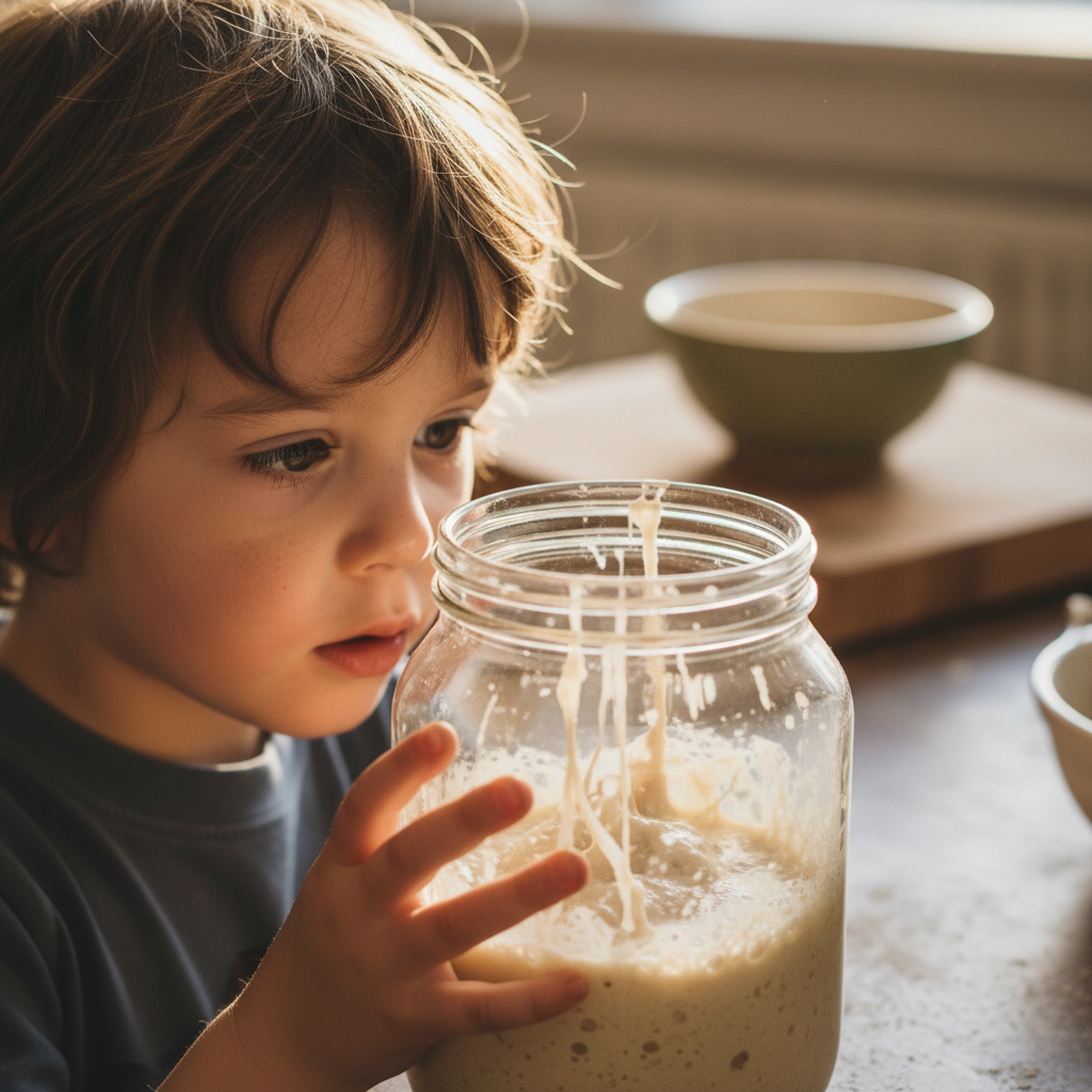 Child examining a sourdough starter jar on a sunlit kitchen counter