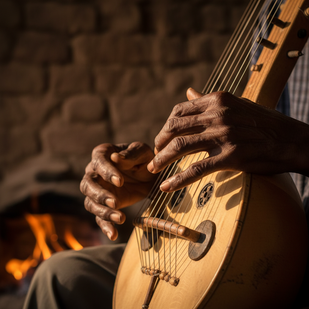 Traditional African musician playing kora stringed instrument in warm candlelit setting, hands delicately plucking strings with focused expression