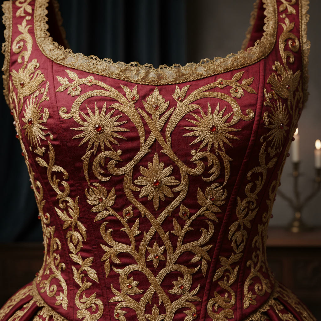Elaborate period costume detail showing hand-stitched gold embroidery on silk bodice from The Crimson Meridian