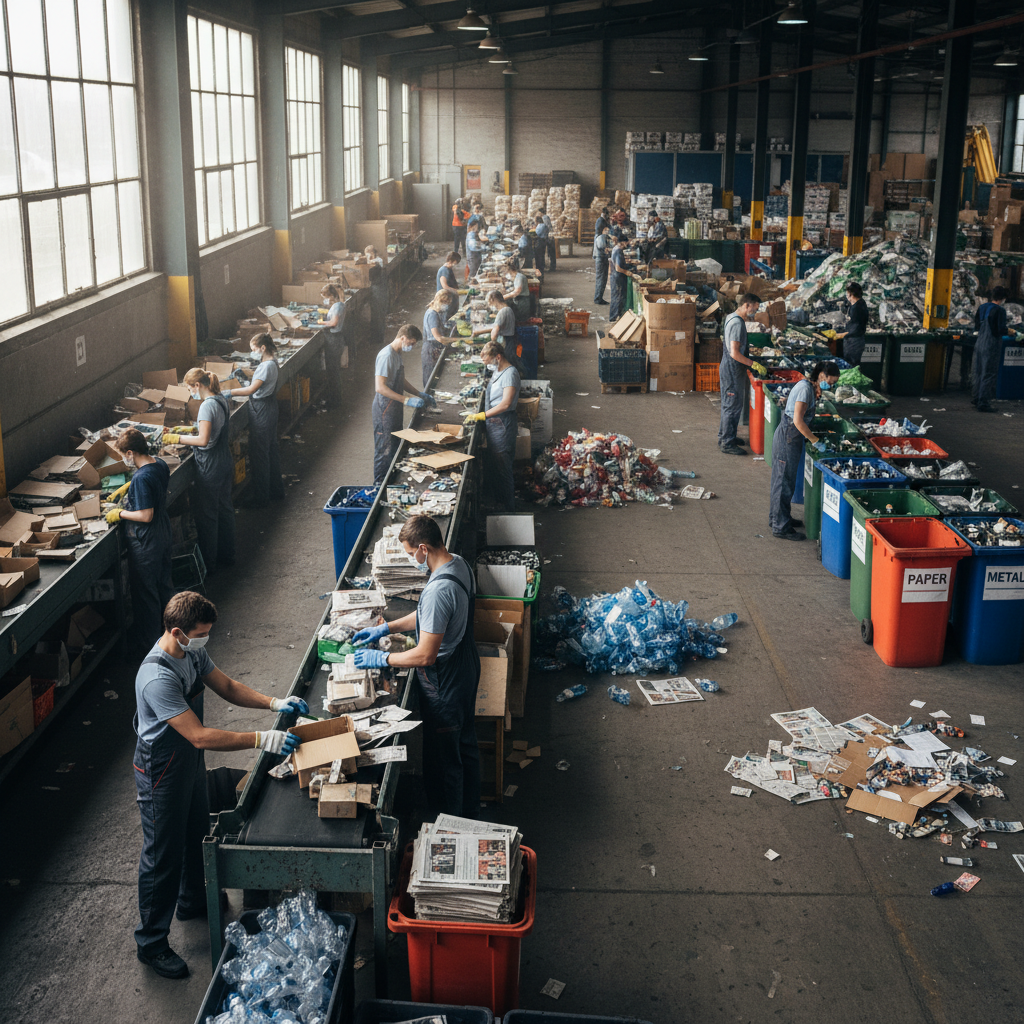 Workers in high-visibility vests sorting recyclable materials at a waste collection facility, bright overhead lighting, organised bins and conveyor belts