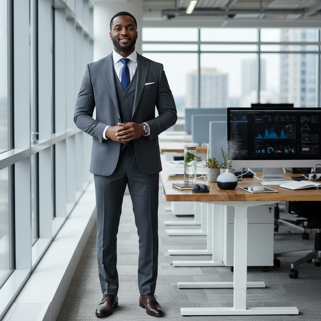 Professional African man in business casual attire standing confidently in modern office