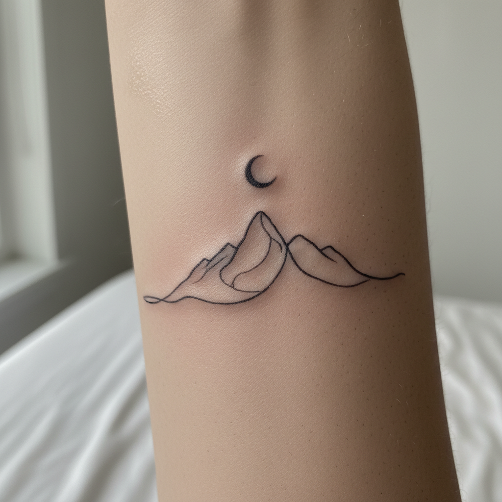 Close-up of freshly healed fine line minimalist tattoo on forearm showing skin texture detail