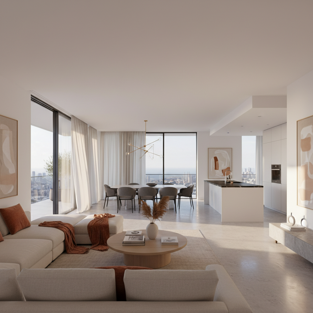 Modern apartment interior, clean white walls, natural light through large windows, minimalist South African living space