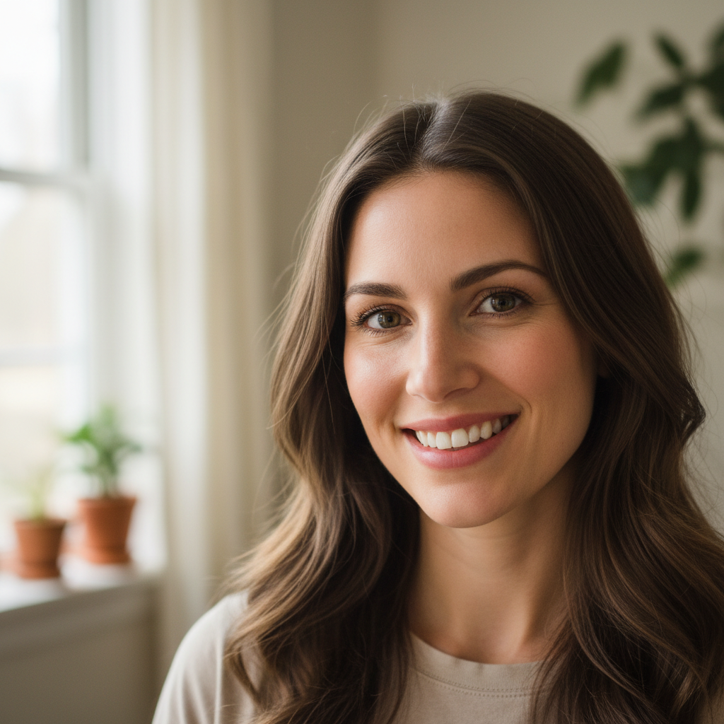 Portrait of Priya Sharma, smiling woman in her 30s with dark hair