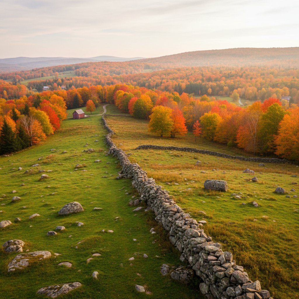 Vermont hillside with autumn foliage and a winding stone wall across green pasture