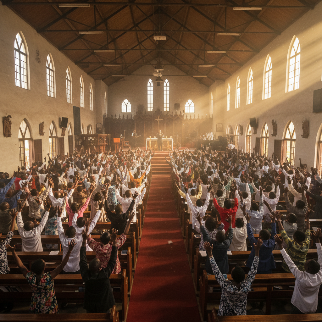 Congregation worshipping with hands raised in a sunlit church
