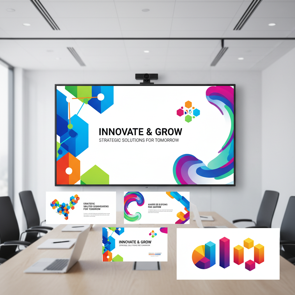 Business presentation slides on laptop screen, clean professional design, bright office