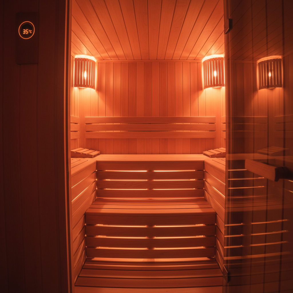 Infrared sauna wooden interior with warm amber lighting and therapeutic heat panels