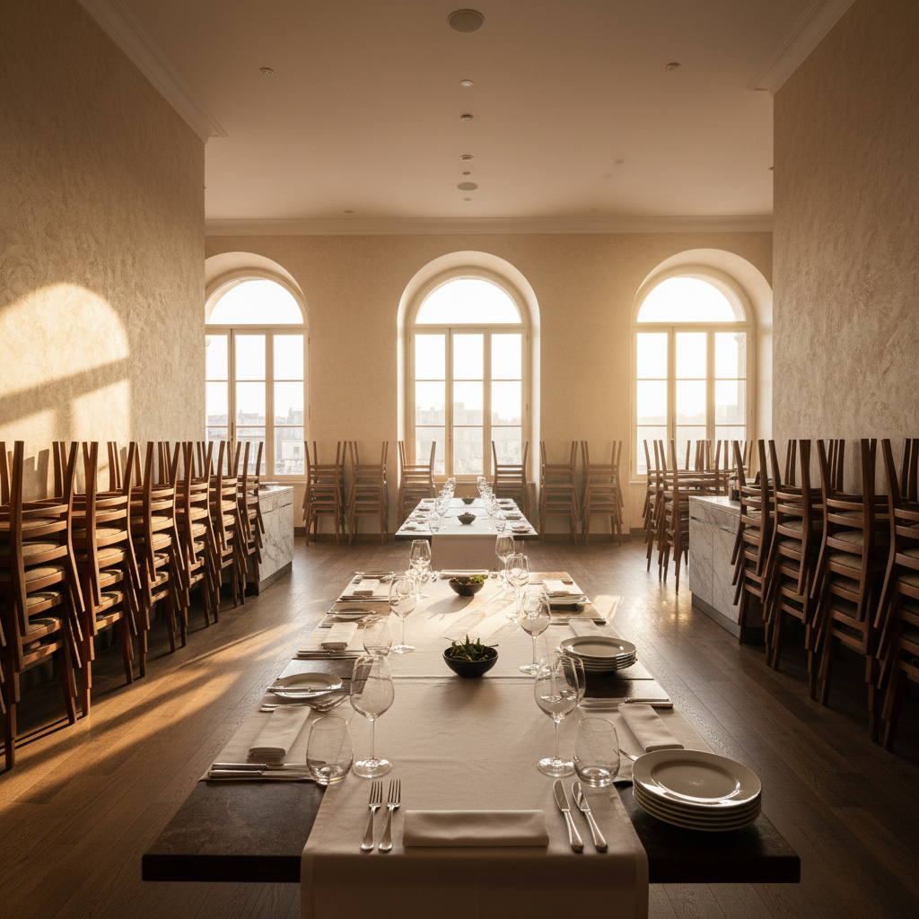 Empty fine dining room at golden hour, chairs stacked, mise en place half-built before evening service