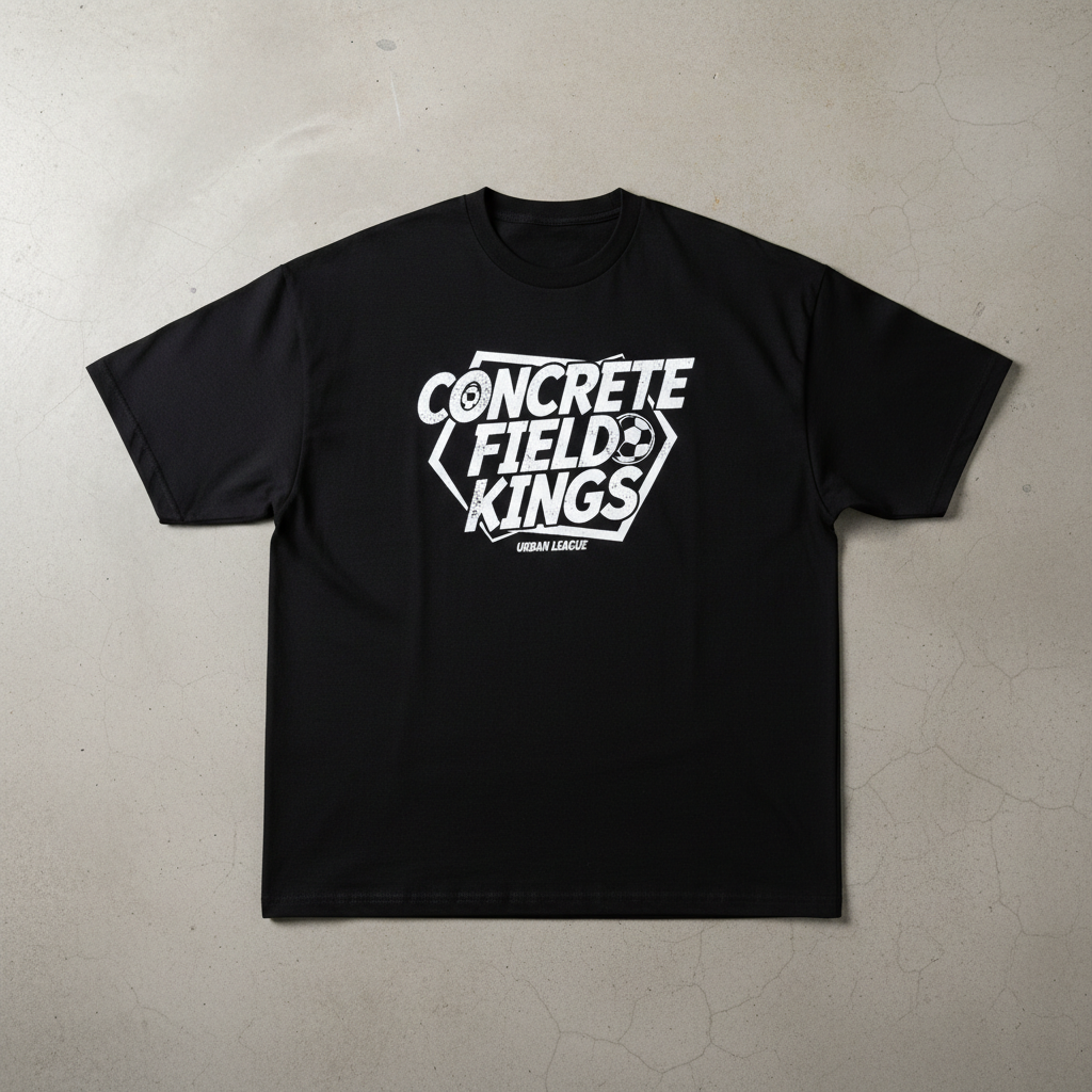 Black oversized graphic tee on dark background with bold street art print, flat lay product shot