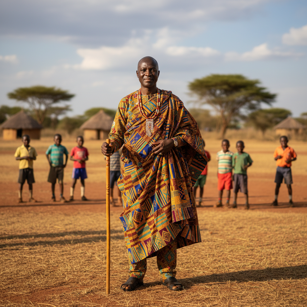 African community leader in traditional attire speaking passionately to a gathered crowd in an open field, warm afternoon light, empowered and dignified