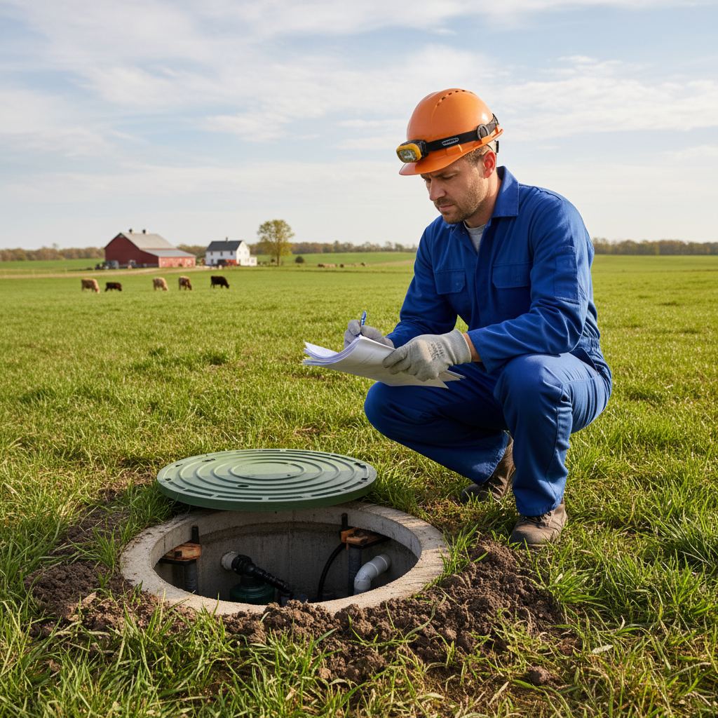 Drain technician reviewing compliance paperwork at a Cape farm property, septic access hatch open nearby