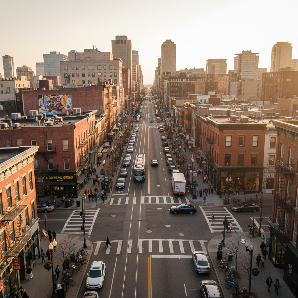Aerial view of a downtown city block, street-level shops visible, warm afternoon light
