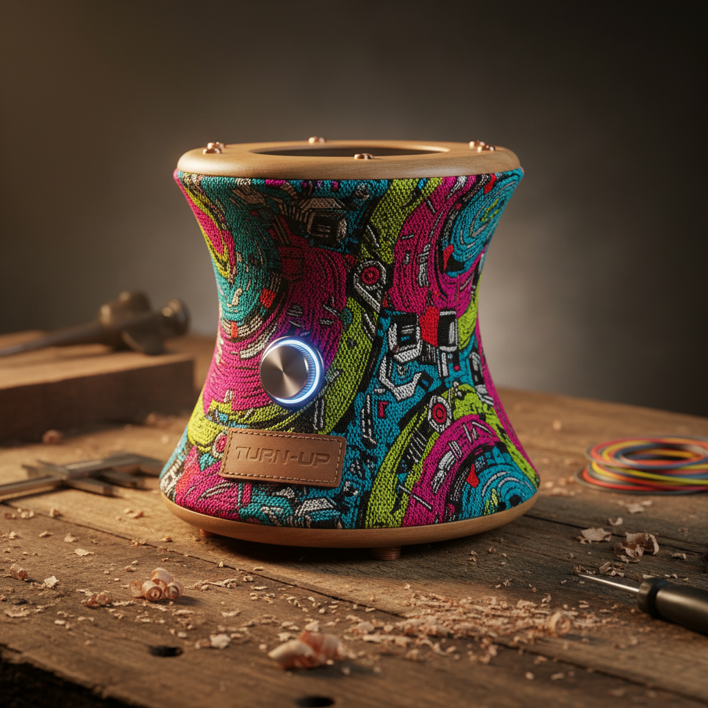 Custom designed speaker with vibrant colours on a workshop table — Turn-Up custom order model