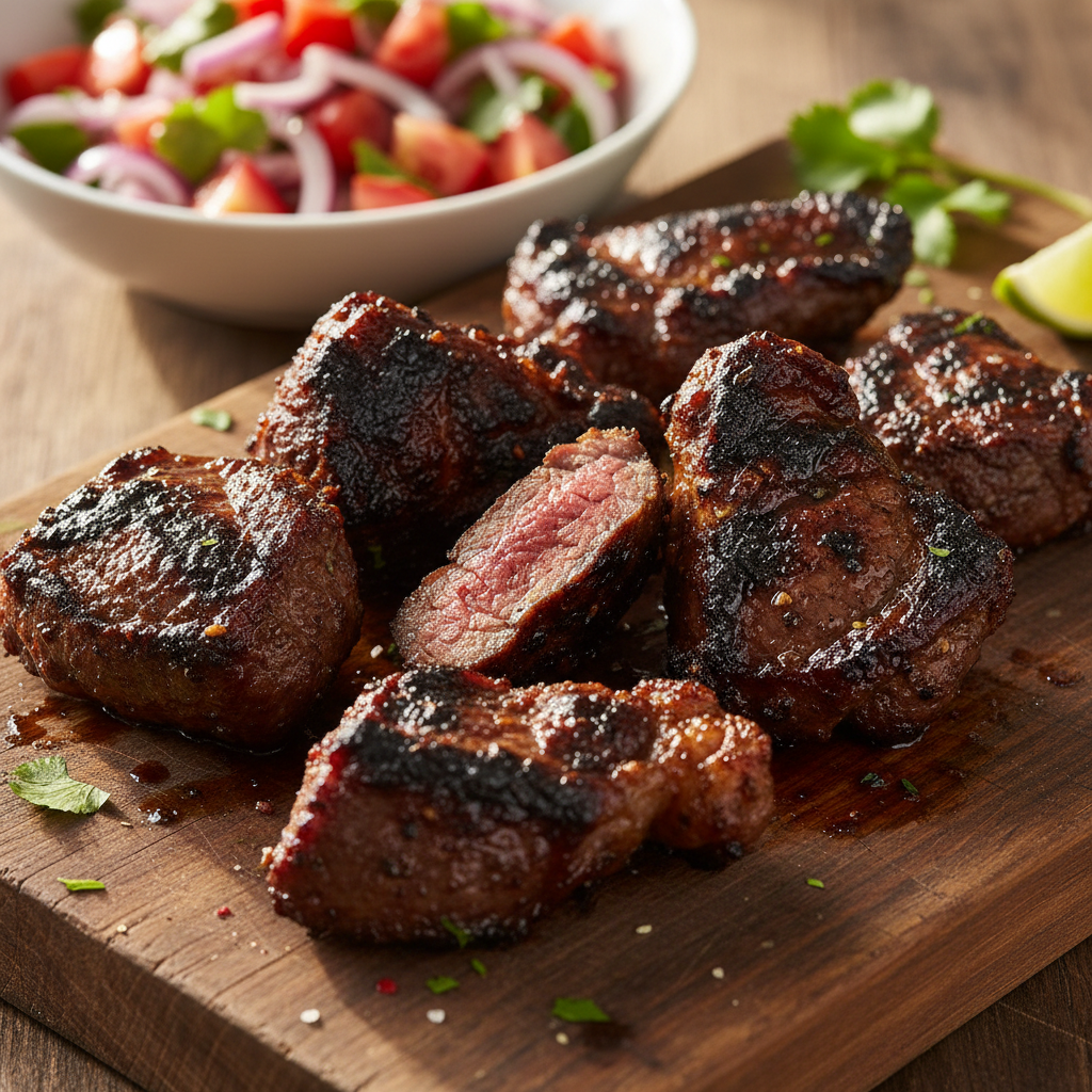 Nyama choma grilled meat on wooden board with herbs