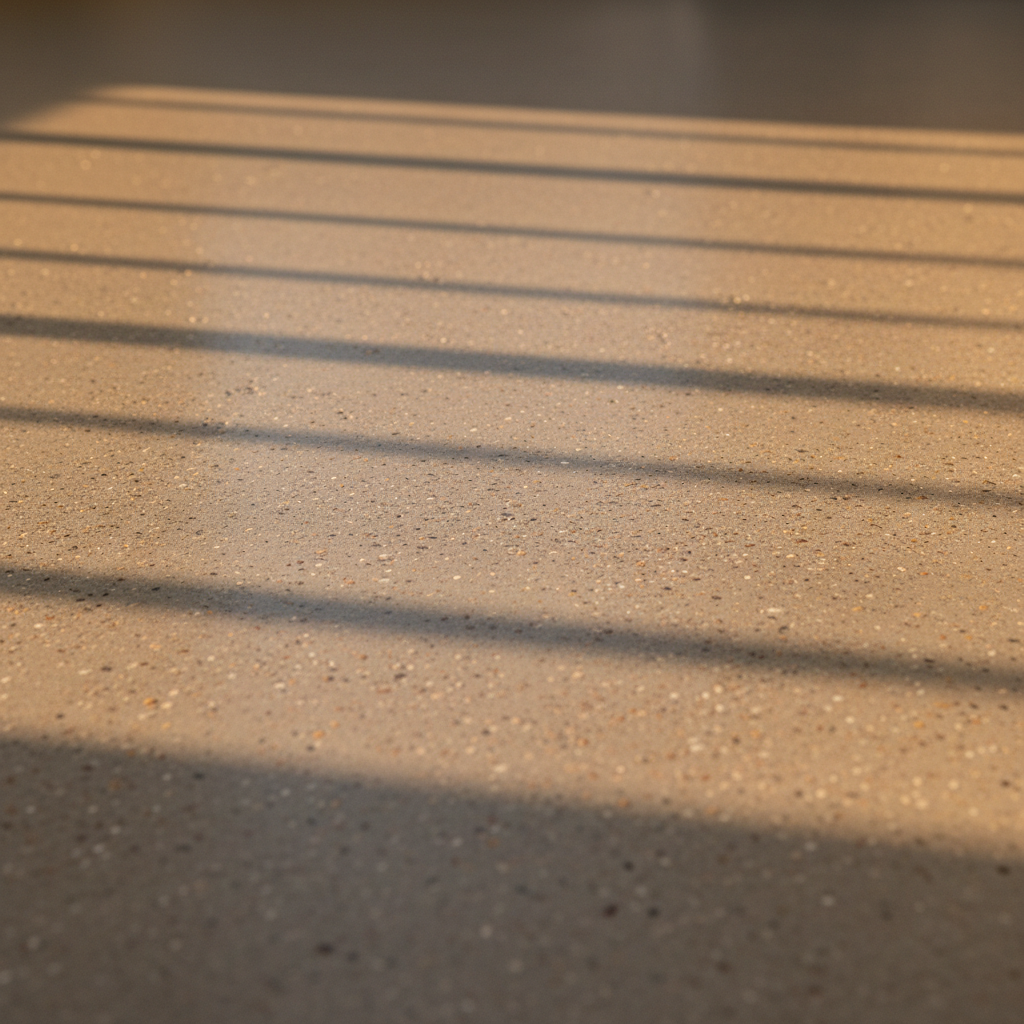 Micro-cement floor close-up — polished concrete surface with subtle aggregate texture, warm afternoon light raking across the plane