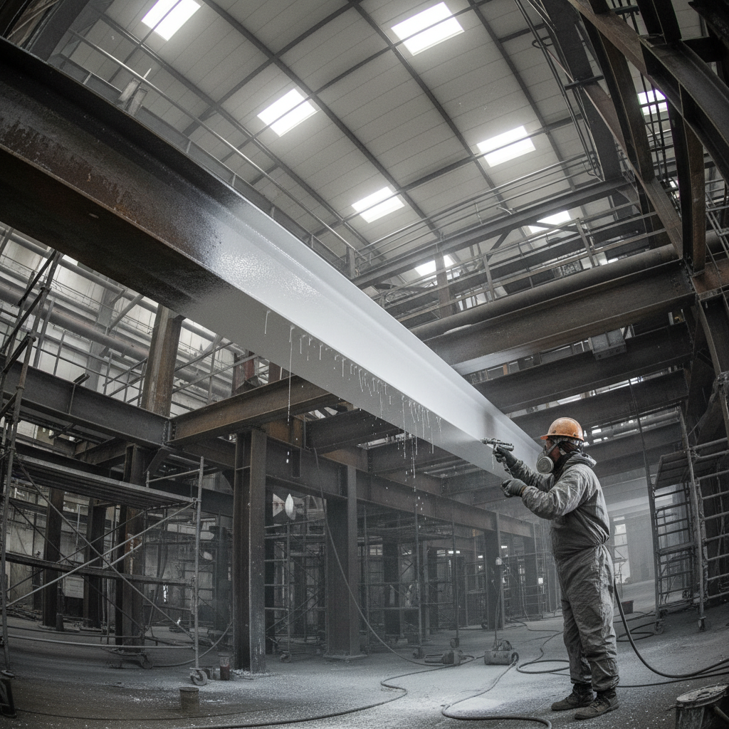 Professional industrial coating applicator in full PPE spraying polyurea on steel surface