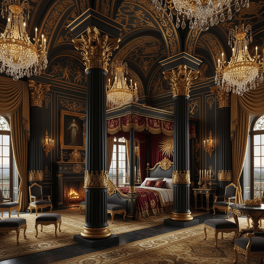 Royal suite with canopy bed, gold and green palette, chandelier, opulent luxury