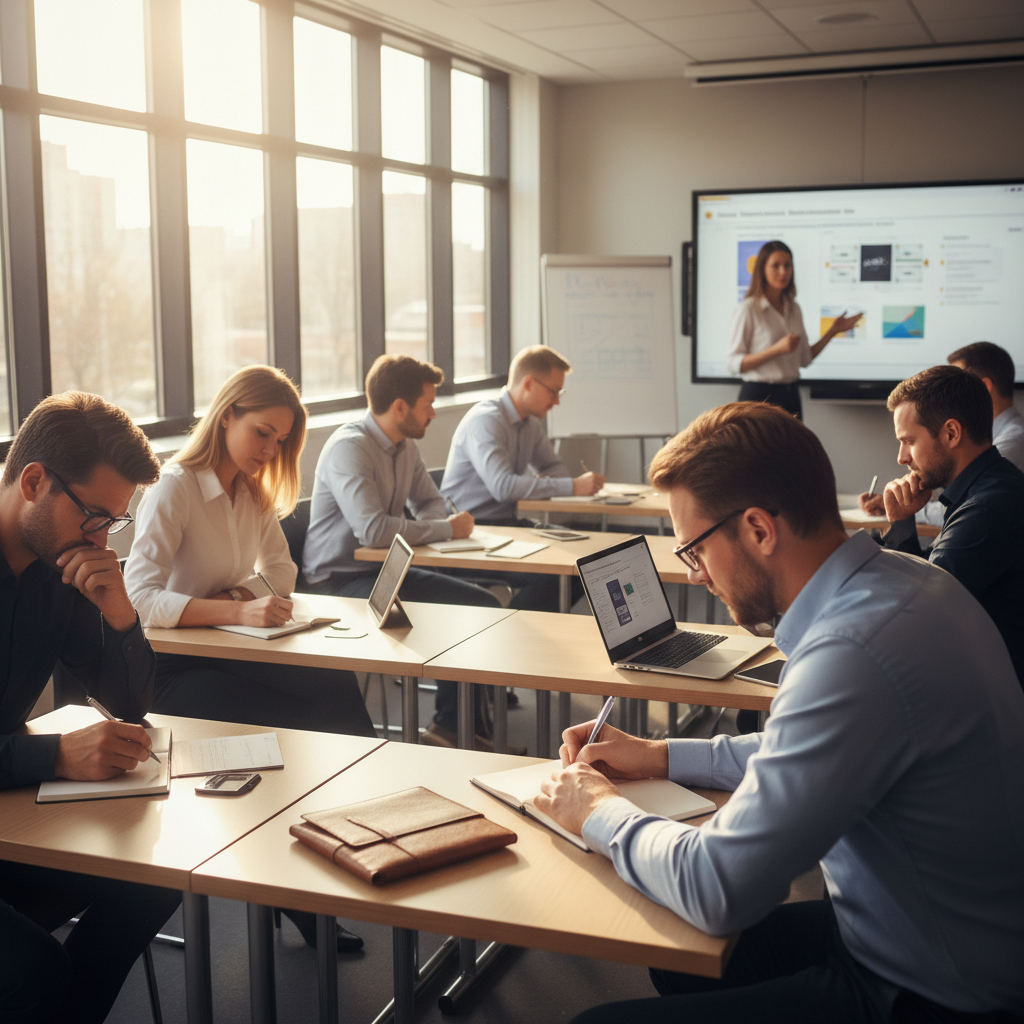 Adult professionals in a classroom setting taking notes during a lesson