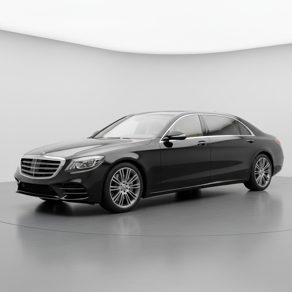 White Mercedes S-Class luxury sedan in a clean garage setting, elegant and minimal exterior design