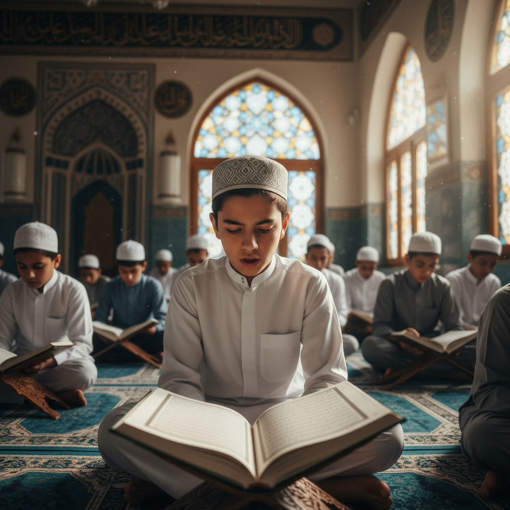 Teen boy in kufi leading Quran recitation practice session