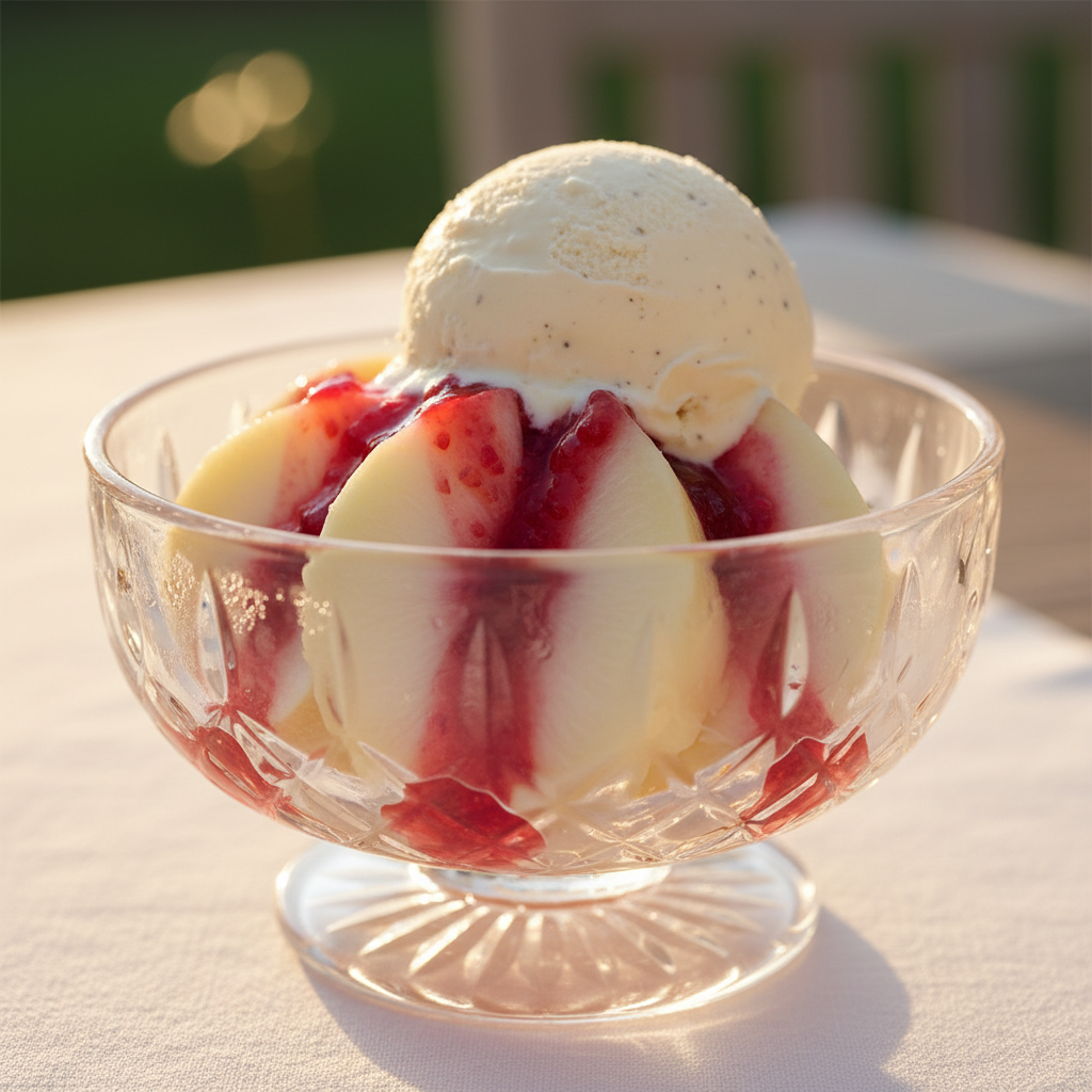 White peach melba with raspberry coulis and vanilla ice cream in crystal bowl, summer afternoon light
