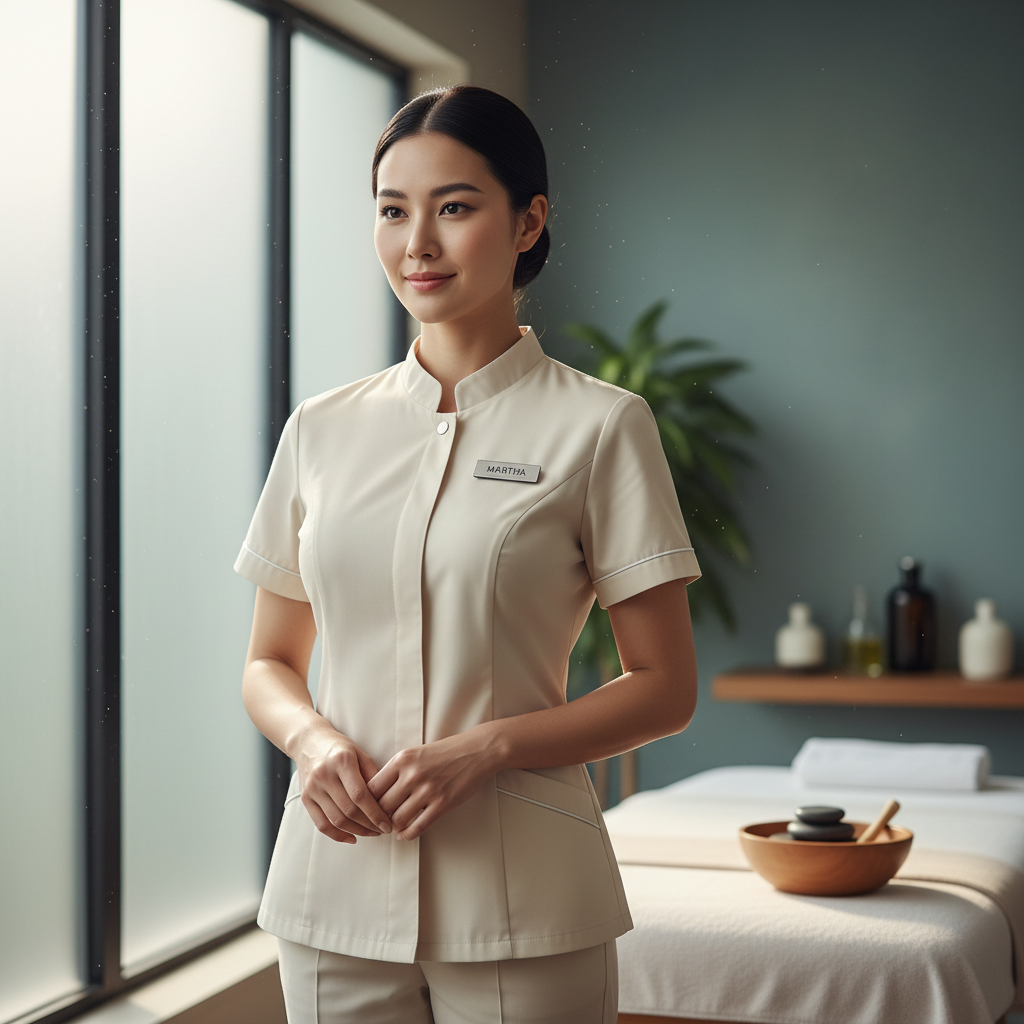 Serene Dutch female therapist with professional appearance in spa setting with natural warm lighting