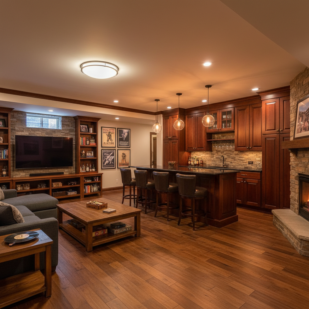 Finished basement renovation with recessed lighting, built-in shelving, dark hardwood floors, and a modern entertainment area in dim atmospheric light