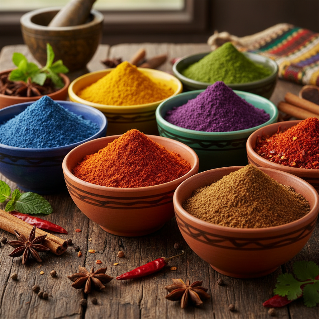 Colorful spice powders in wooden bowls arranged on bright wooden surface, warm natural light