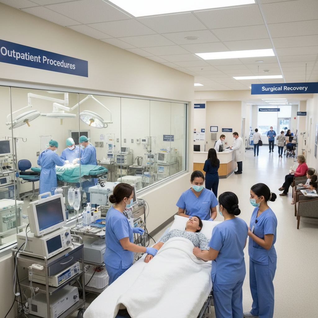 Patient in hospital room receiving post-operative care from attentive medical staff
