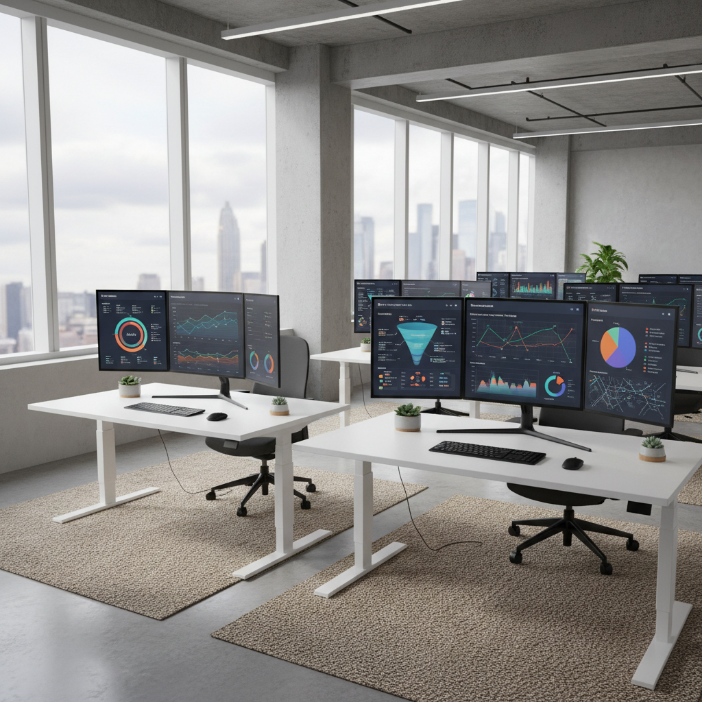 Modern office workspace with multiple monitors showing marketing automation dashboards and analytics