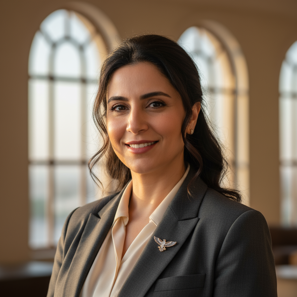 Fatima Benali — Beoglobe cultural guide, Moroccan woman, professional attire, warm expression