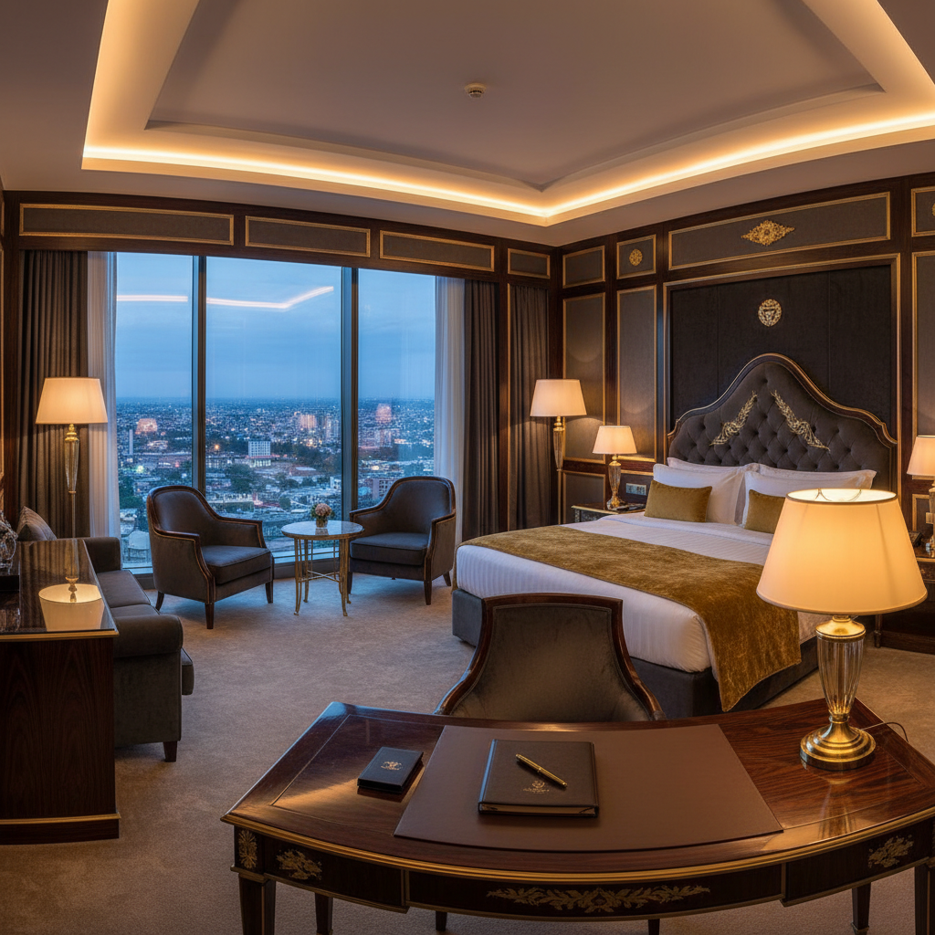 Elegant junior suite with lush garden view, neutral tones, dramatic low lighting, and a private lounge seating area in deep shadow