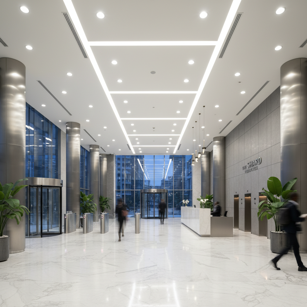 Modern luxury office building interior with dark marble floors, warm accent lighting, professional real estate environment