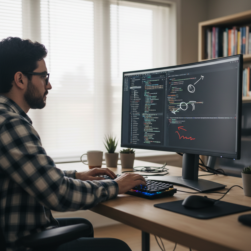 TypeScript code with type annotations on bright laptop screen in modern developer workspace