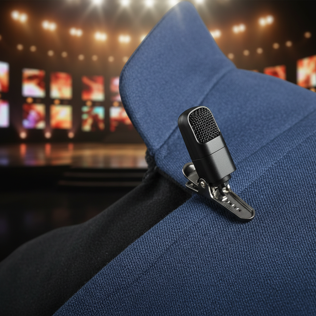 Small clip-on lavalier microphone attached to collar, performance stage background