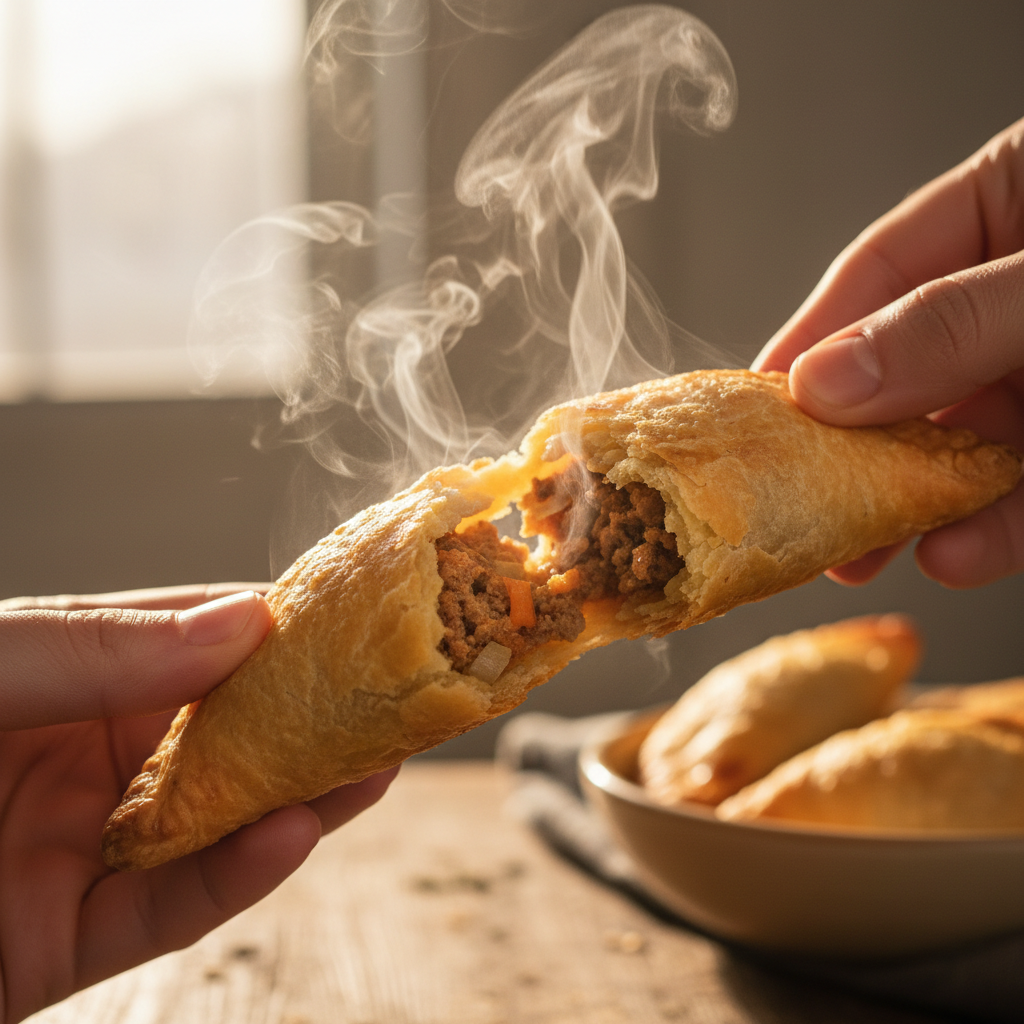 Hands tearing open a golden sambousak with steam escaping from the crispy pastry