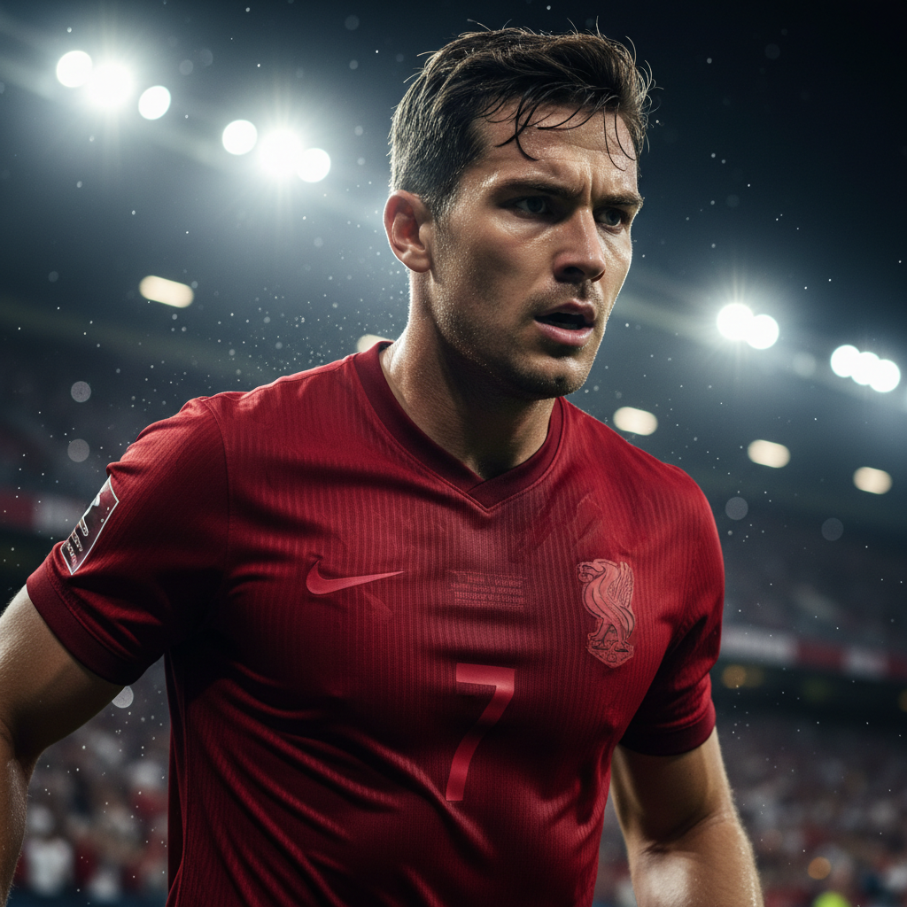 Soccer player in dark uniform with intense eyes under stadium floodlights at night